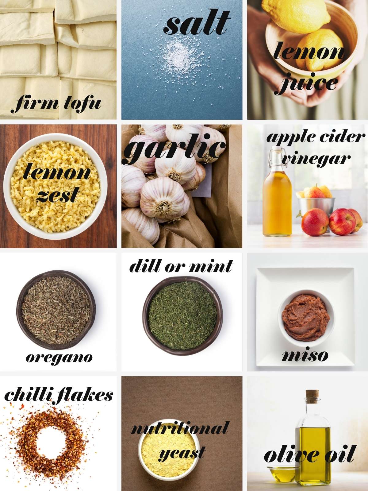 Tofu feta ingredients in a grid with labels.