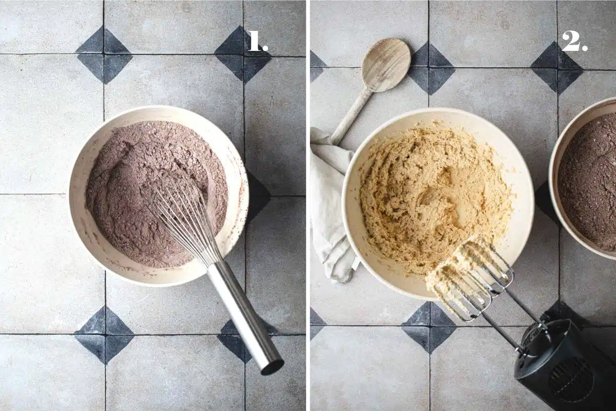 Two food images showing cookie dough in a bowl.