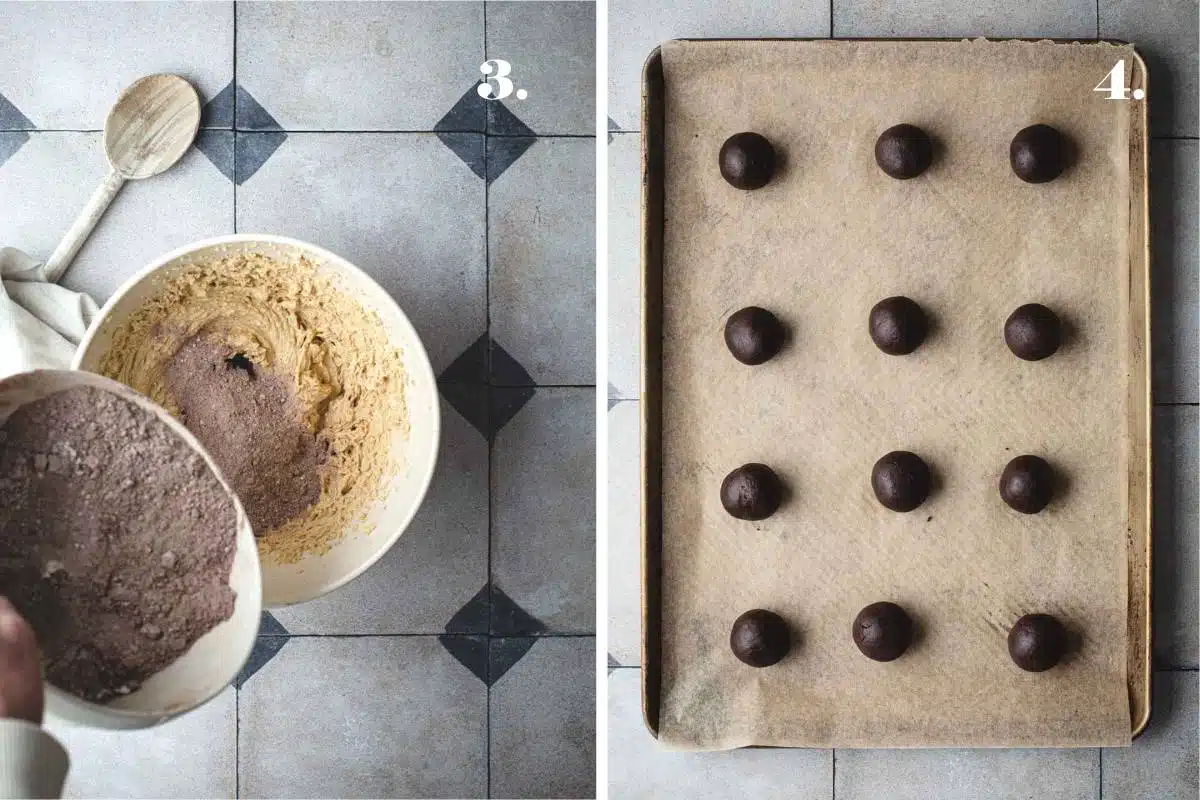 Two food images with cookie dough rolled into balls. 