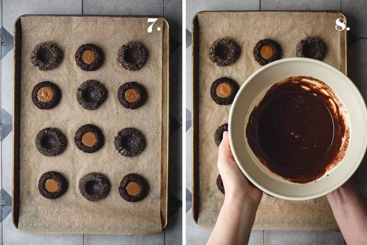 Two food images with baked cookies filled with chocolate.