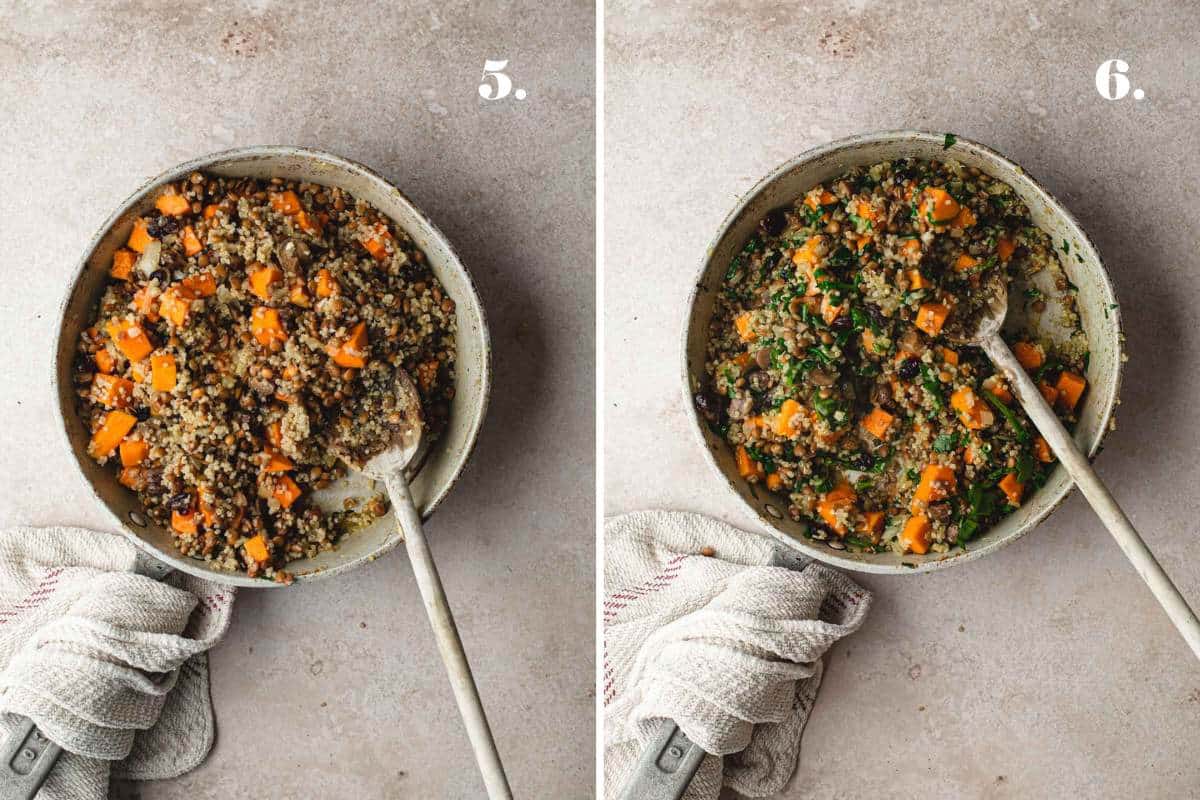 Two food images showing quinoa and chestnut stuffing cooking in a pot.