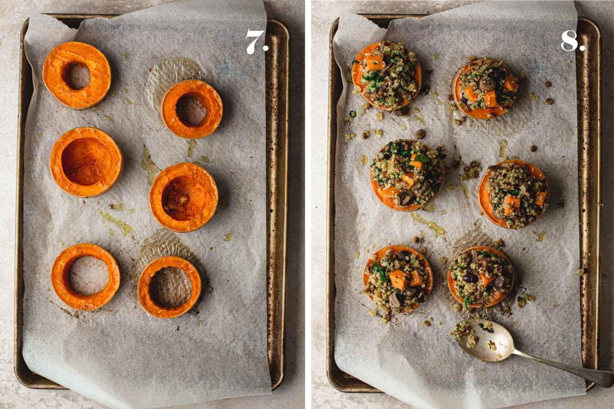 Two images with roasted squash rings and filled with stuffing.