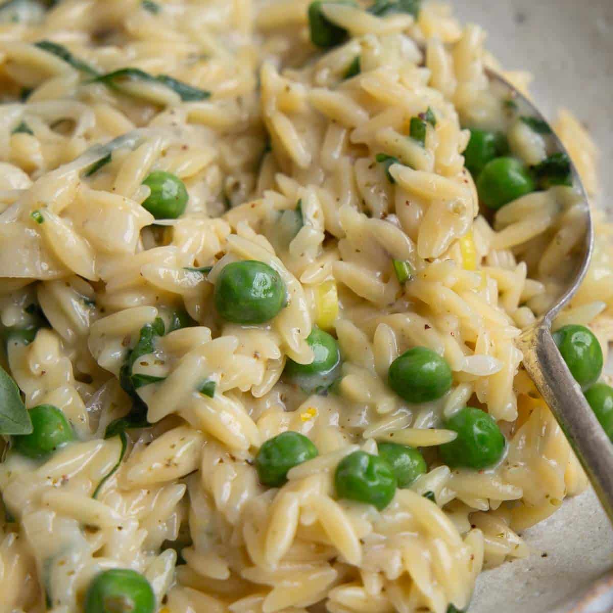 Creamy orzo with peas.