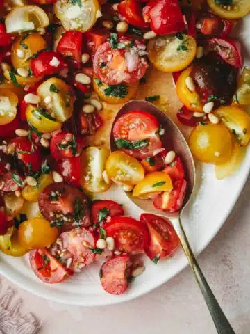 Tomato and onion salad on a plate close up.
