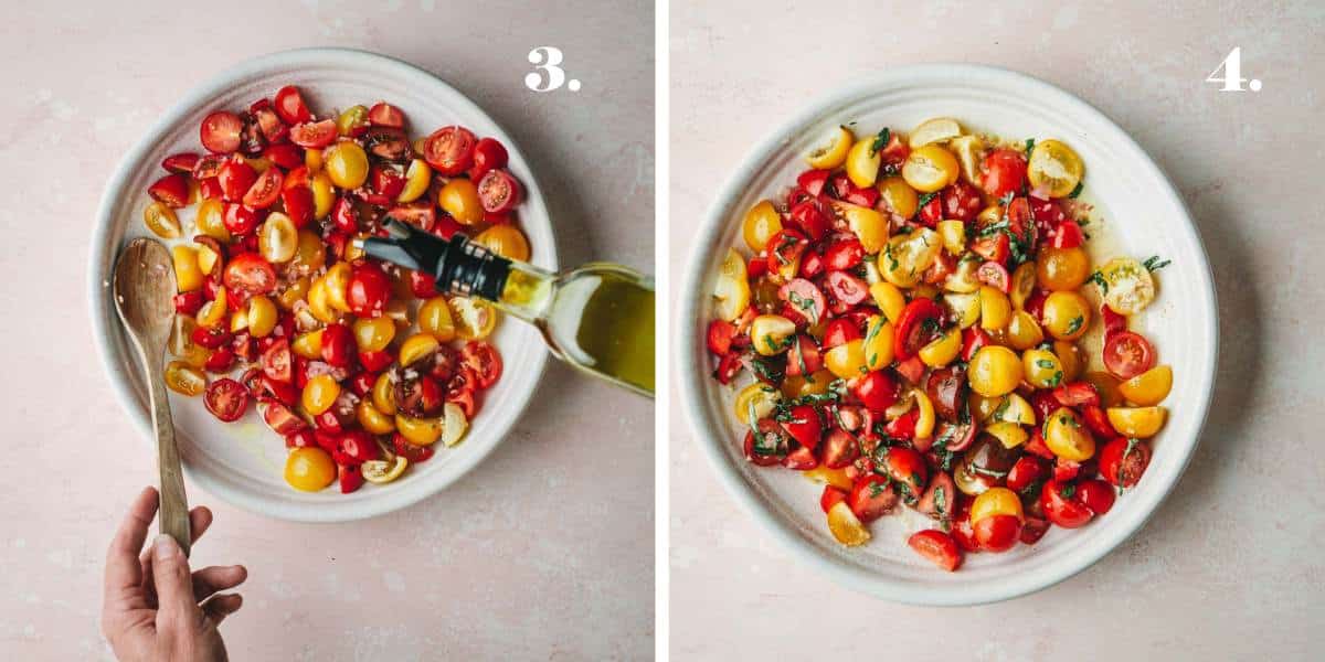Two images of tomato salad in a bowl with dressing.