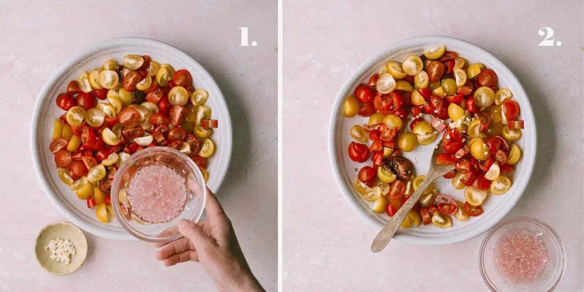 Two images with tomato salad being made.