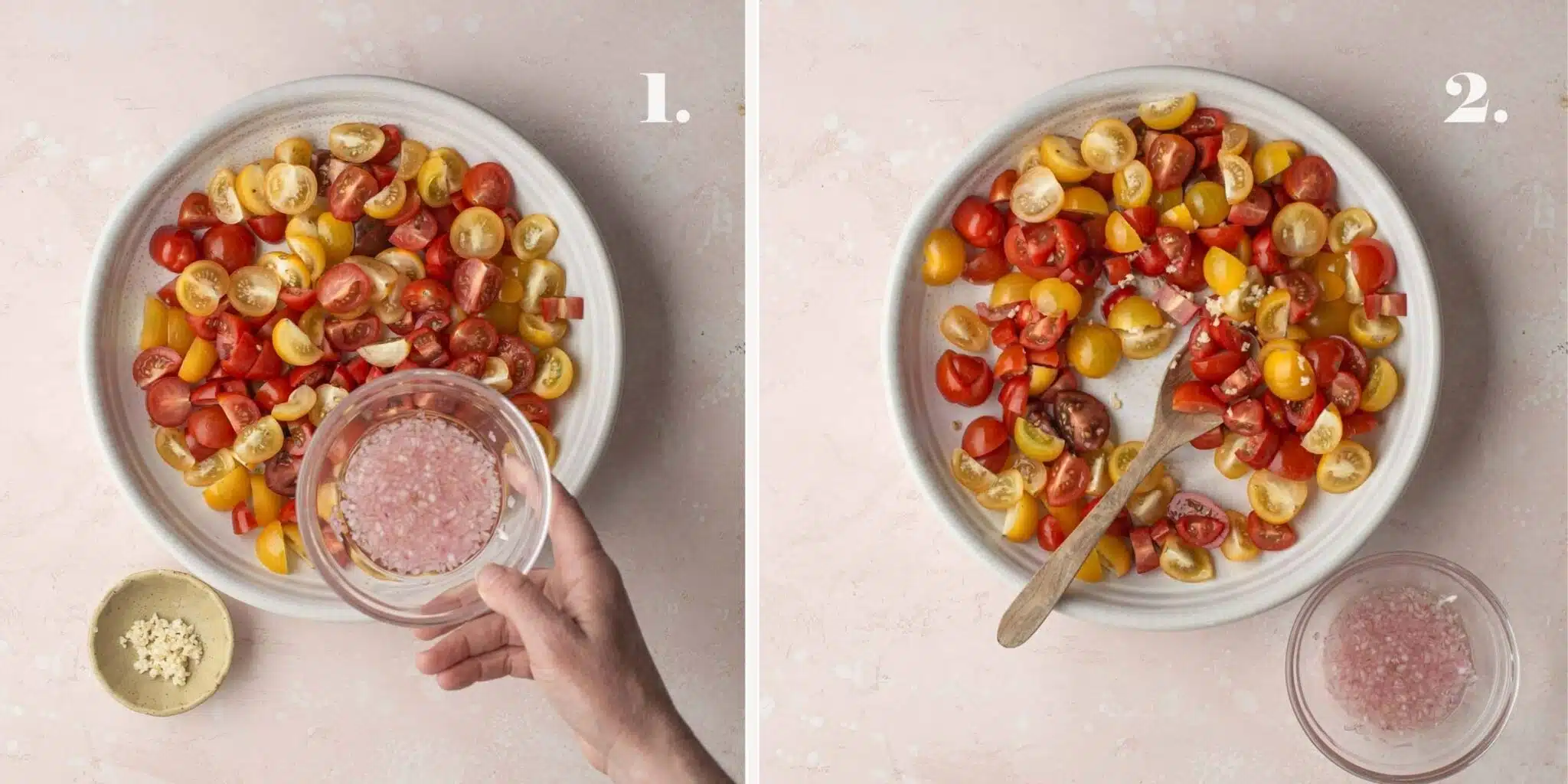 Images of tomato and onion salad being made.