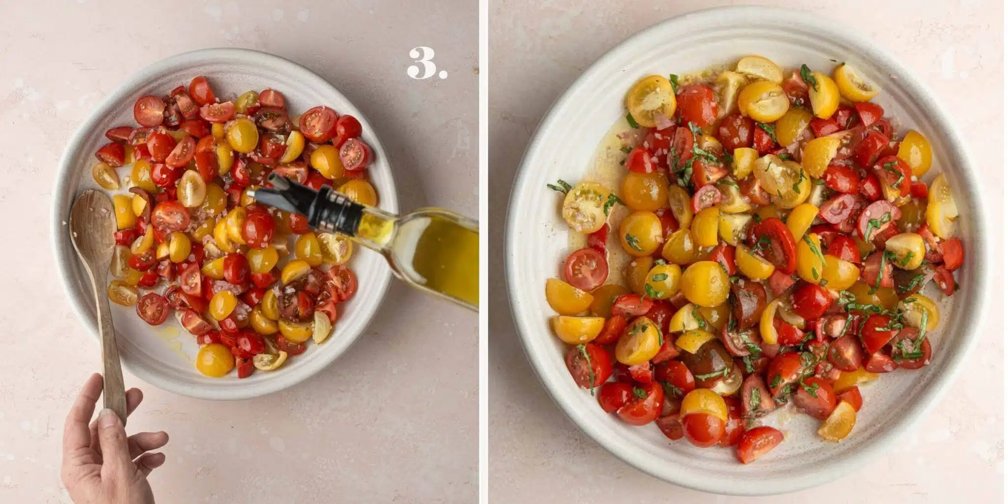 Images of tomato and onion salad with olive oil.