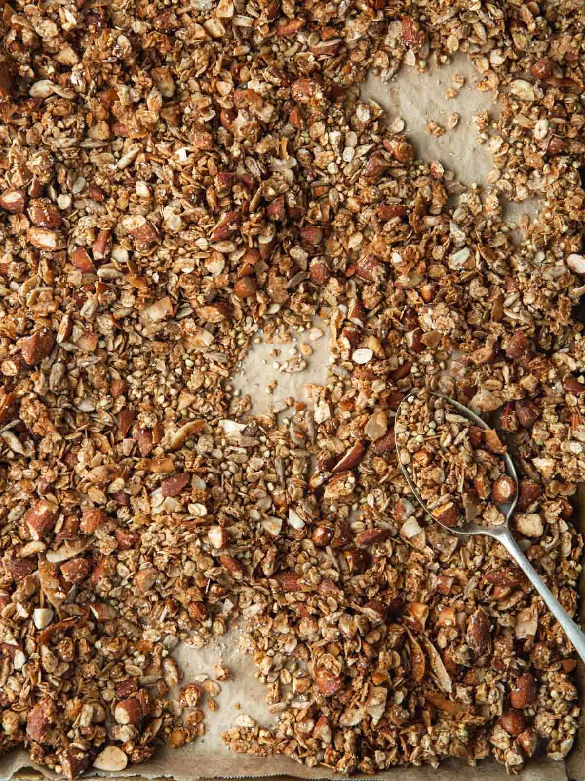 Baked granola on a tray close up.