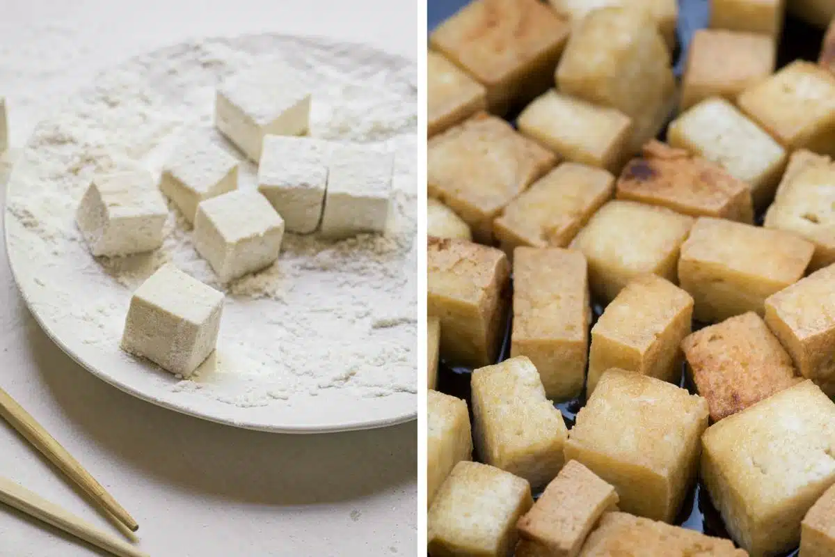 Two images showing tofu in cubes dusted and flour and being fried in a pan.