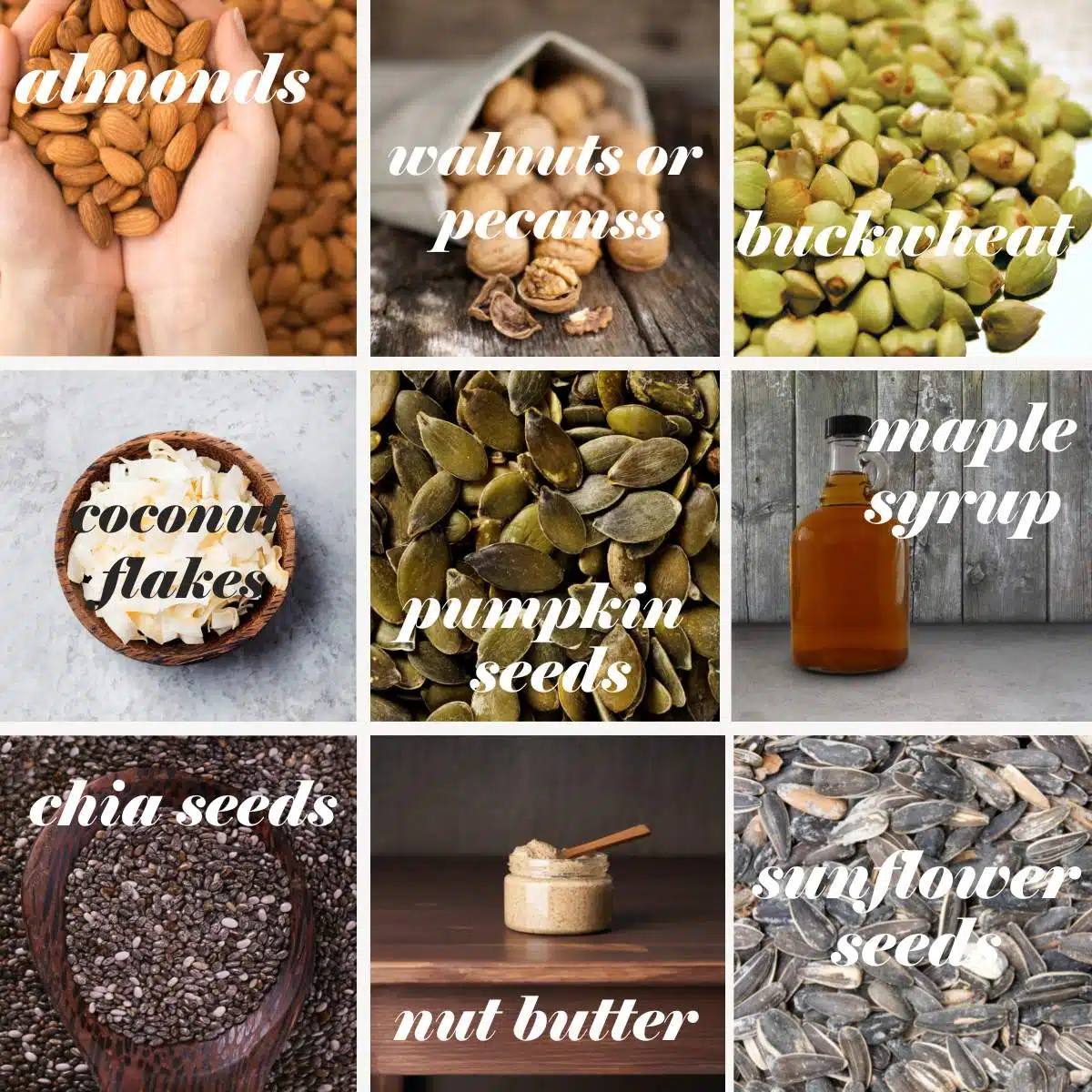 Pictures of granola ingredients in a grid with labels. 