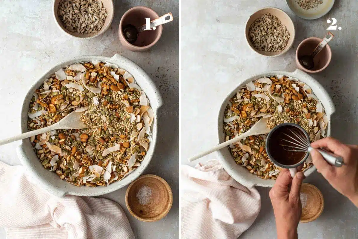 Two images showing grain-free granola made in a bowl.