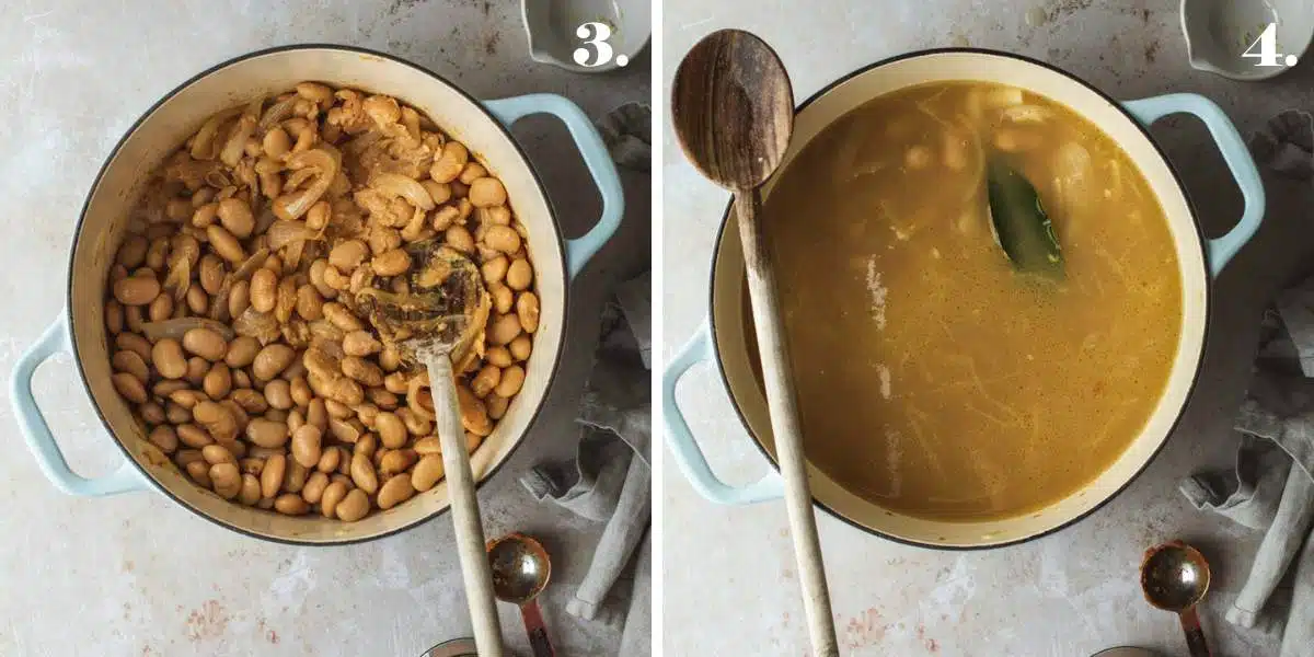 Two images with beans and stock added to a large pot.