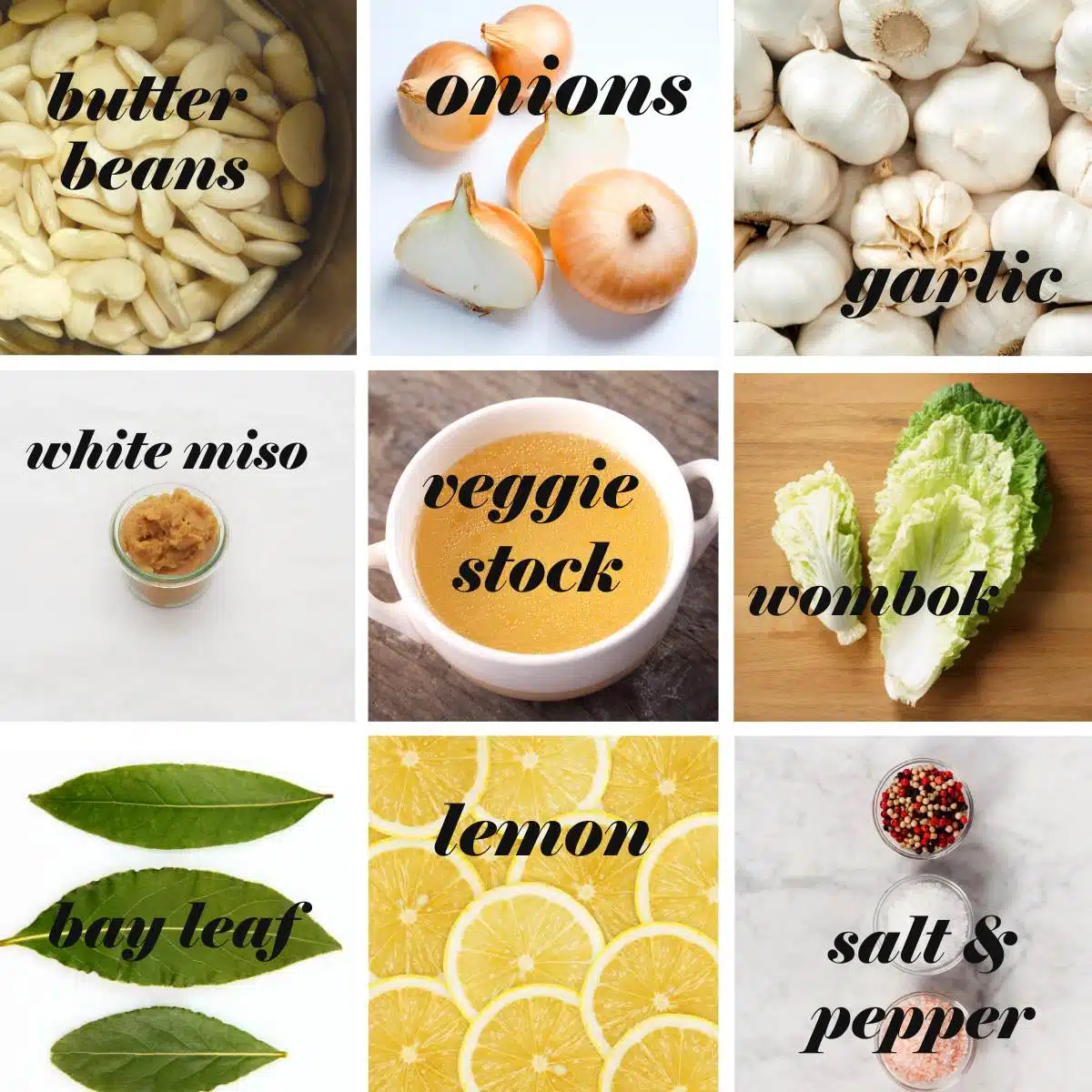 Butter bean soup ingredients in a grid with labels. 