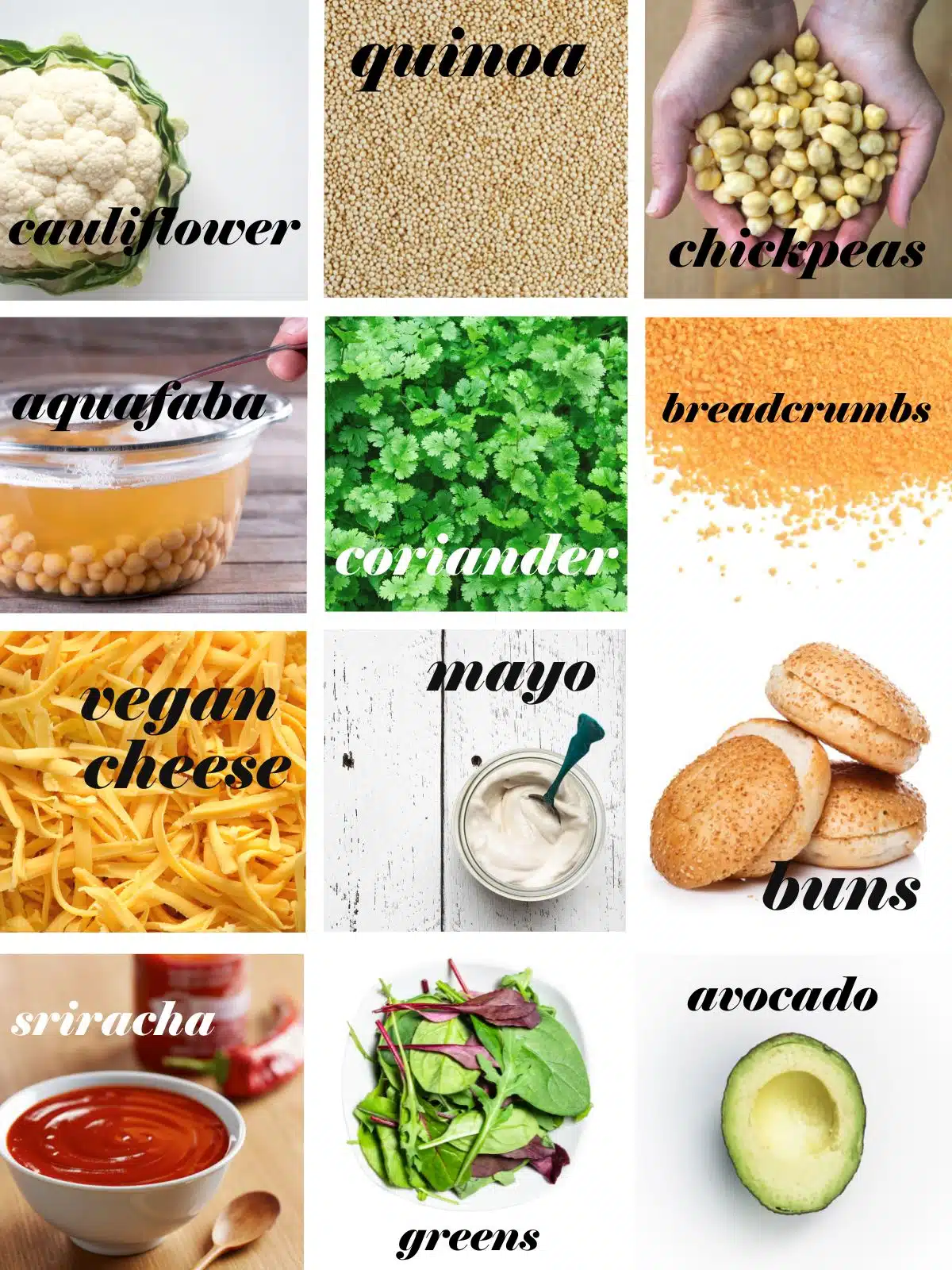 Cauliflower burger ingredients in a grid with labels.