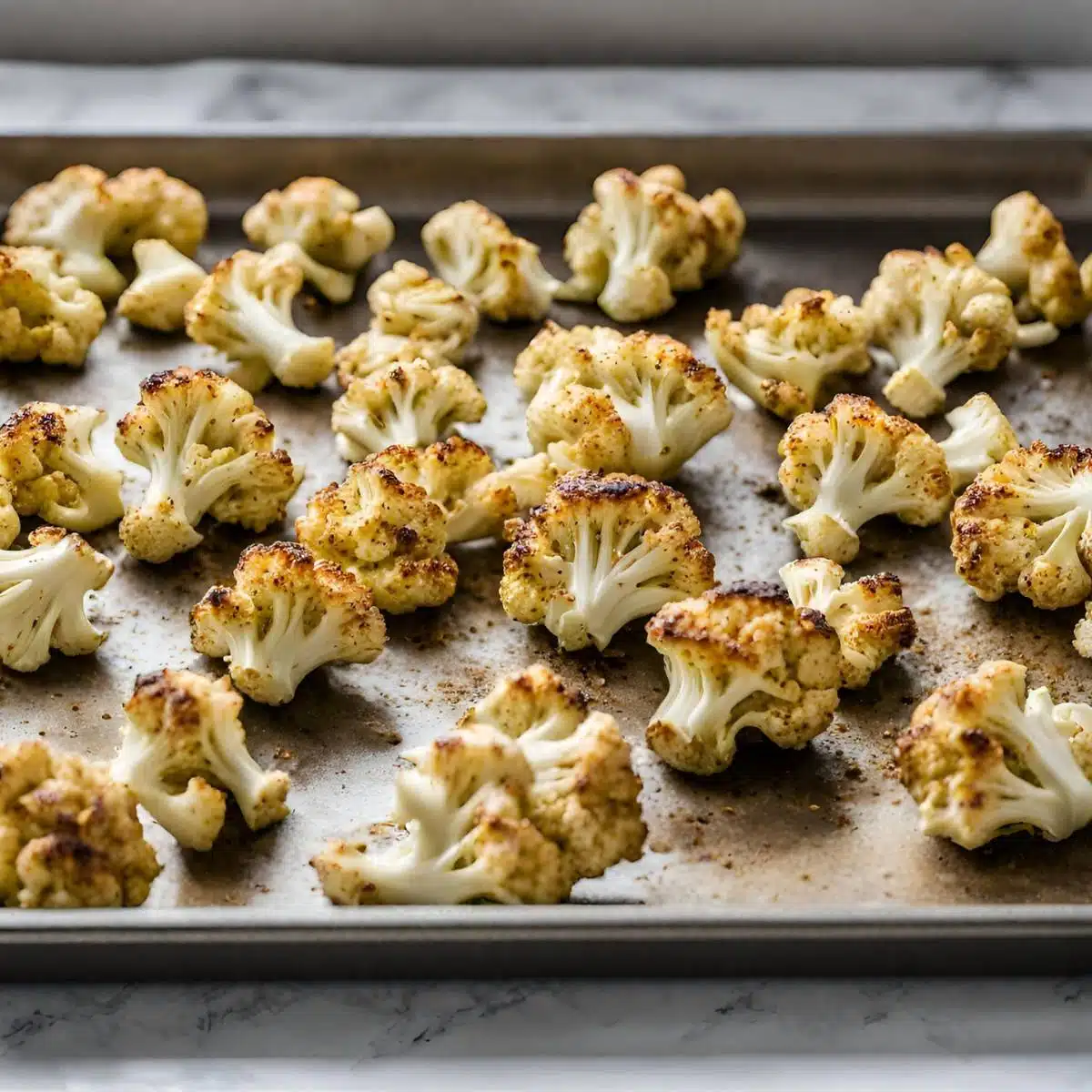 Roast cauliflower florets on an oven tray.