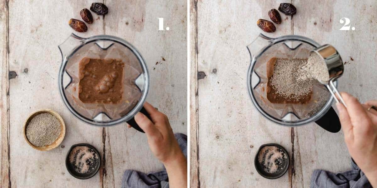 Two images with chocolate pudding in a blender.