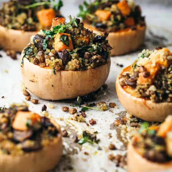 Squash with stuffing on a tray.