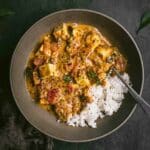 A bowl of curry with rice.