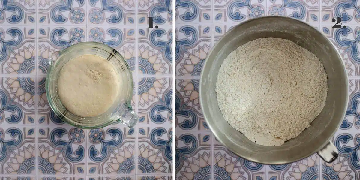 Two food images of flour and yeast.