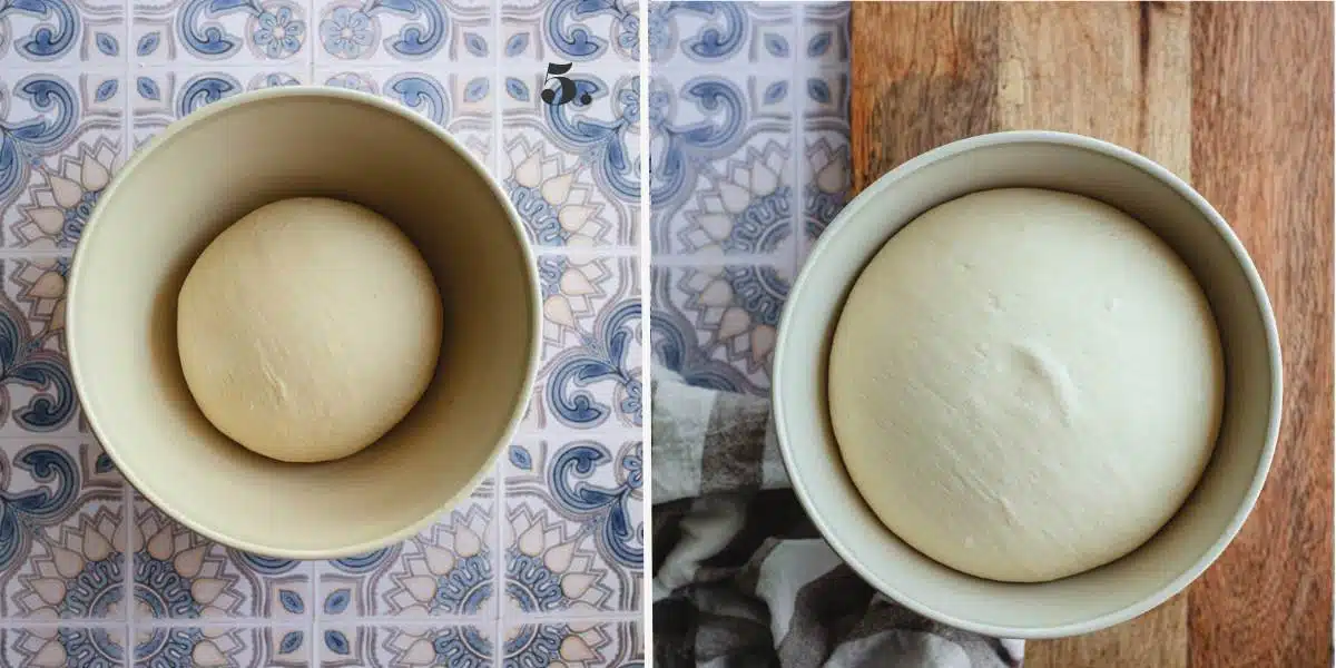 Two food images of dough rising in a bowl. 