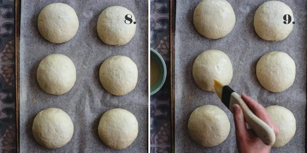 Two food images of dough shaped into buns.