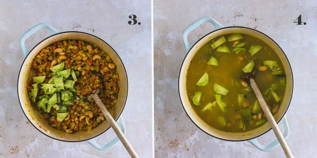 Two food images of broth and broccoli cooking.