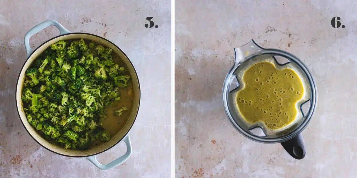 Two food images of broccoli soup blended.