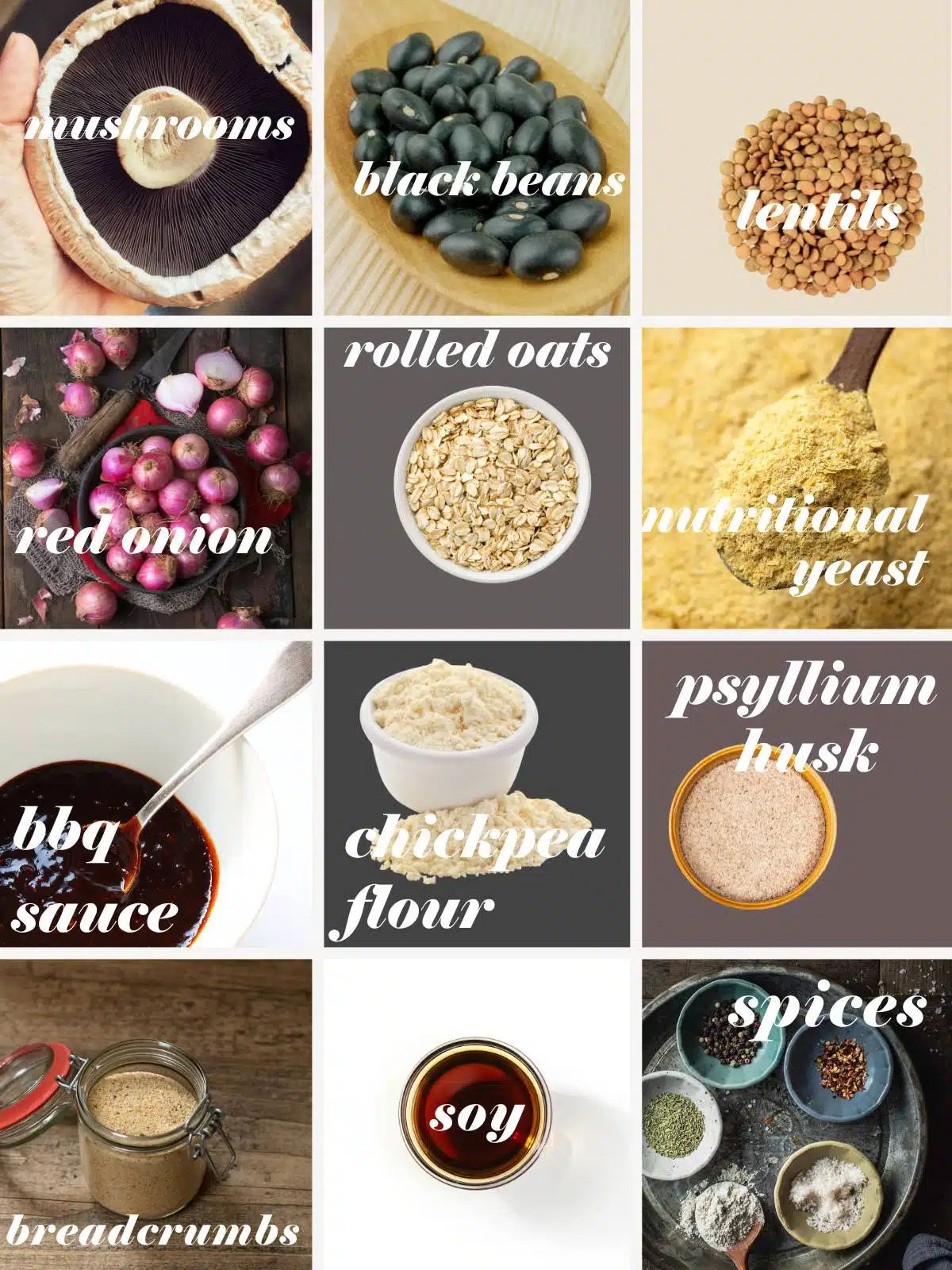 Black bean. burger ingredients in a grid with labels. 