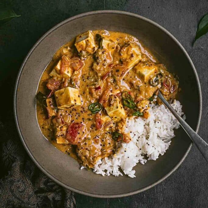 A bowl of tofu curry with rice.