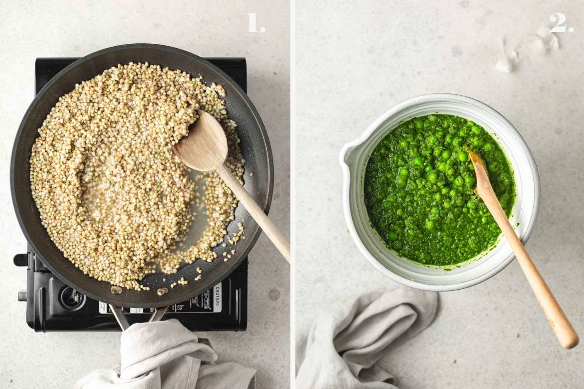 Two cooking images with buckwheat and peas.
