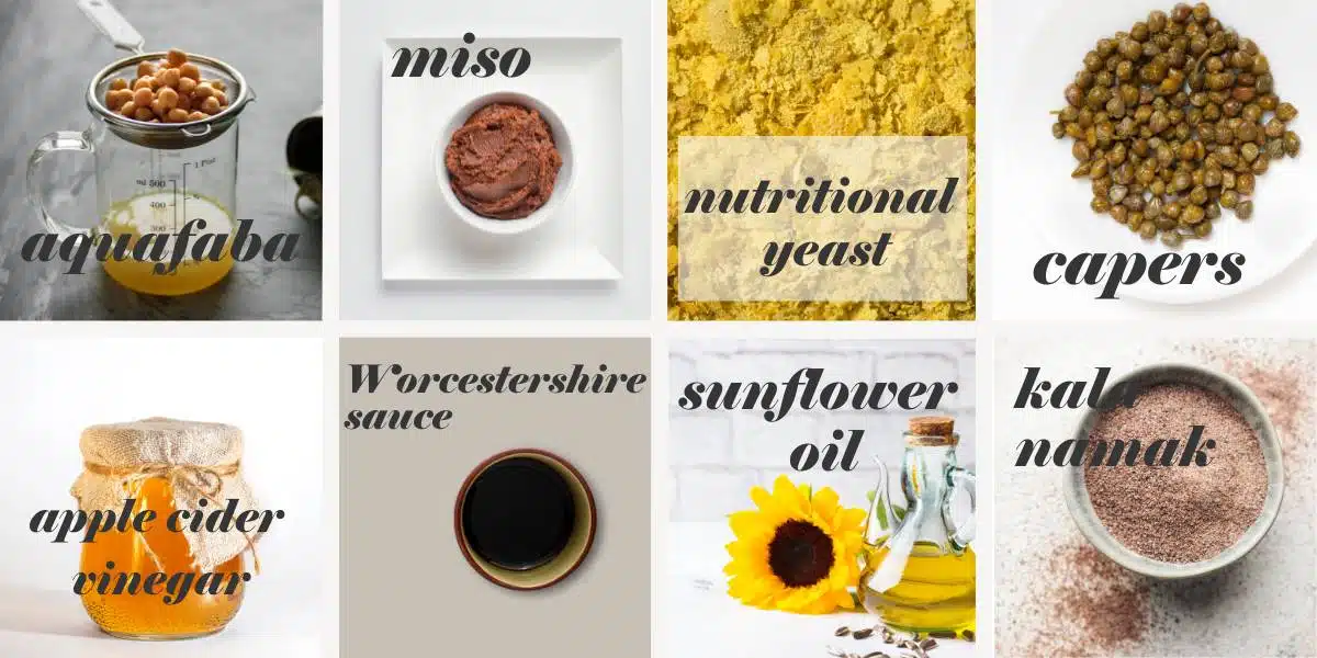 Salad dressing ingredients in a grid with labels. 
