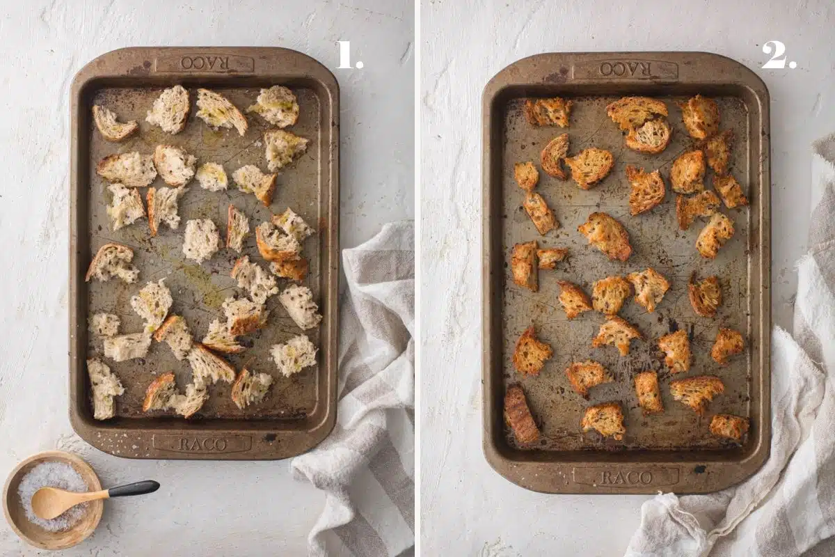 Croutons baking on an oven tray.