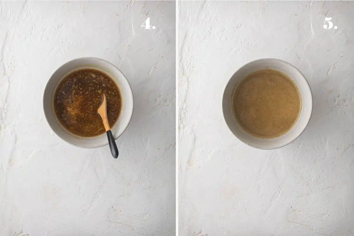 Two images of salad dressing in a bowl.