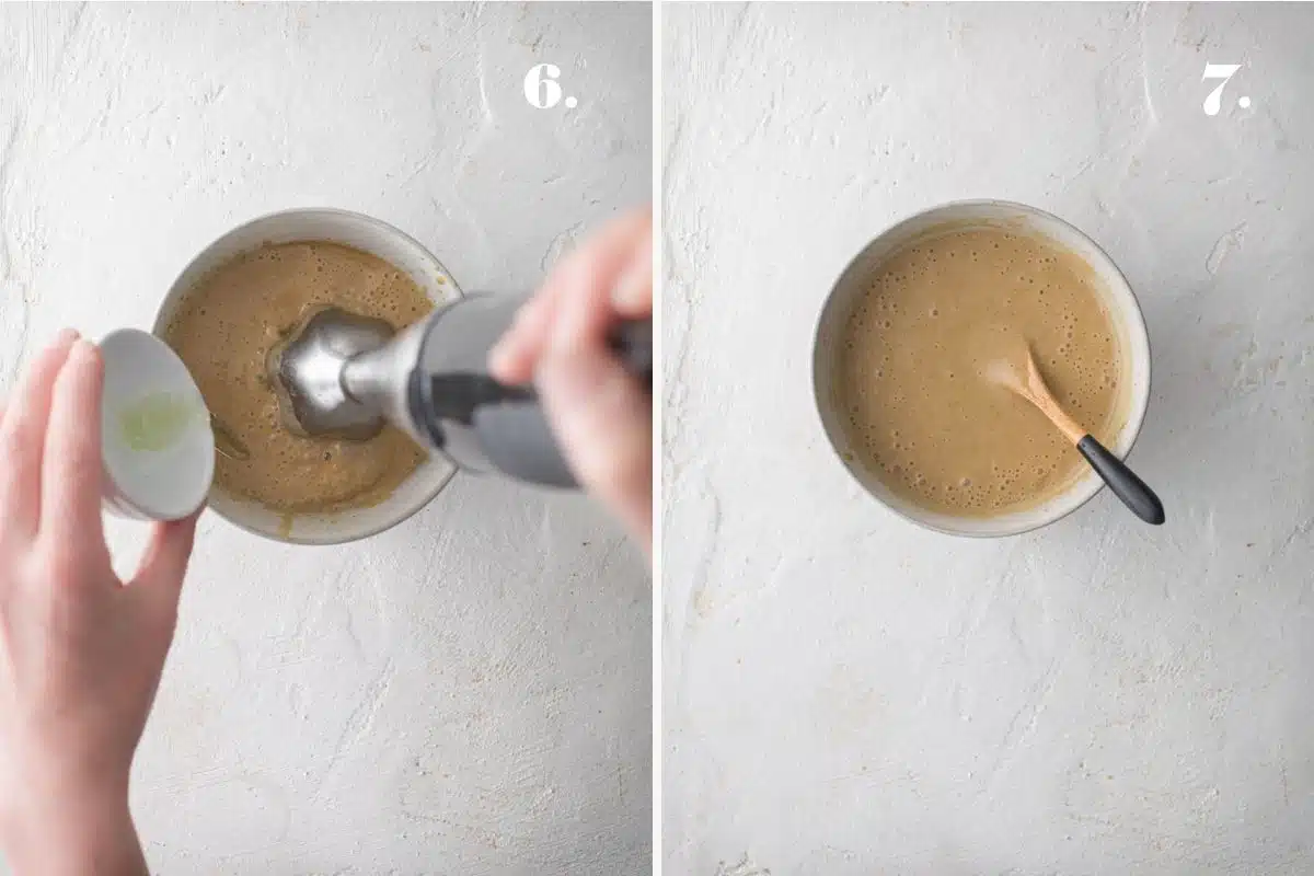 Two images of salad dressing blended in a bowl.