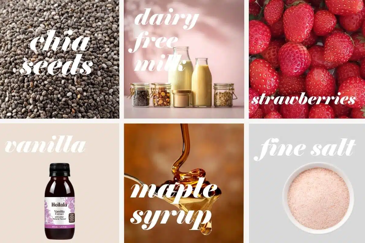 Strawberry chia pudding ingredients in a grid with labels. 