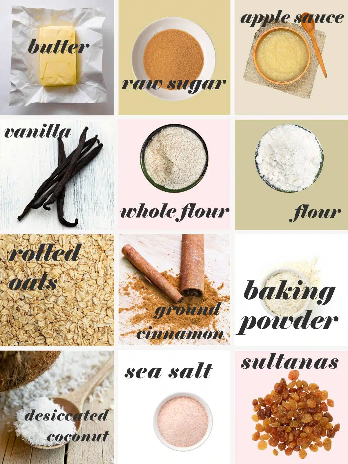 Oat slice ingredients in a grid with labels.