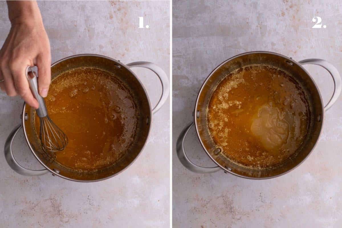 Side-by-side images of melted butter in a pan.