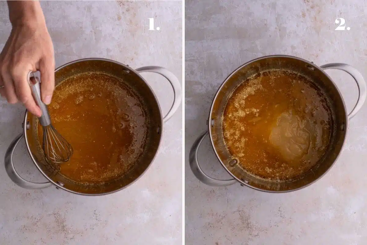 Side-by-side images of melted butter in a pan.