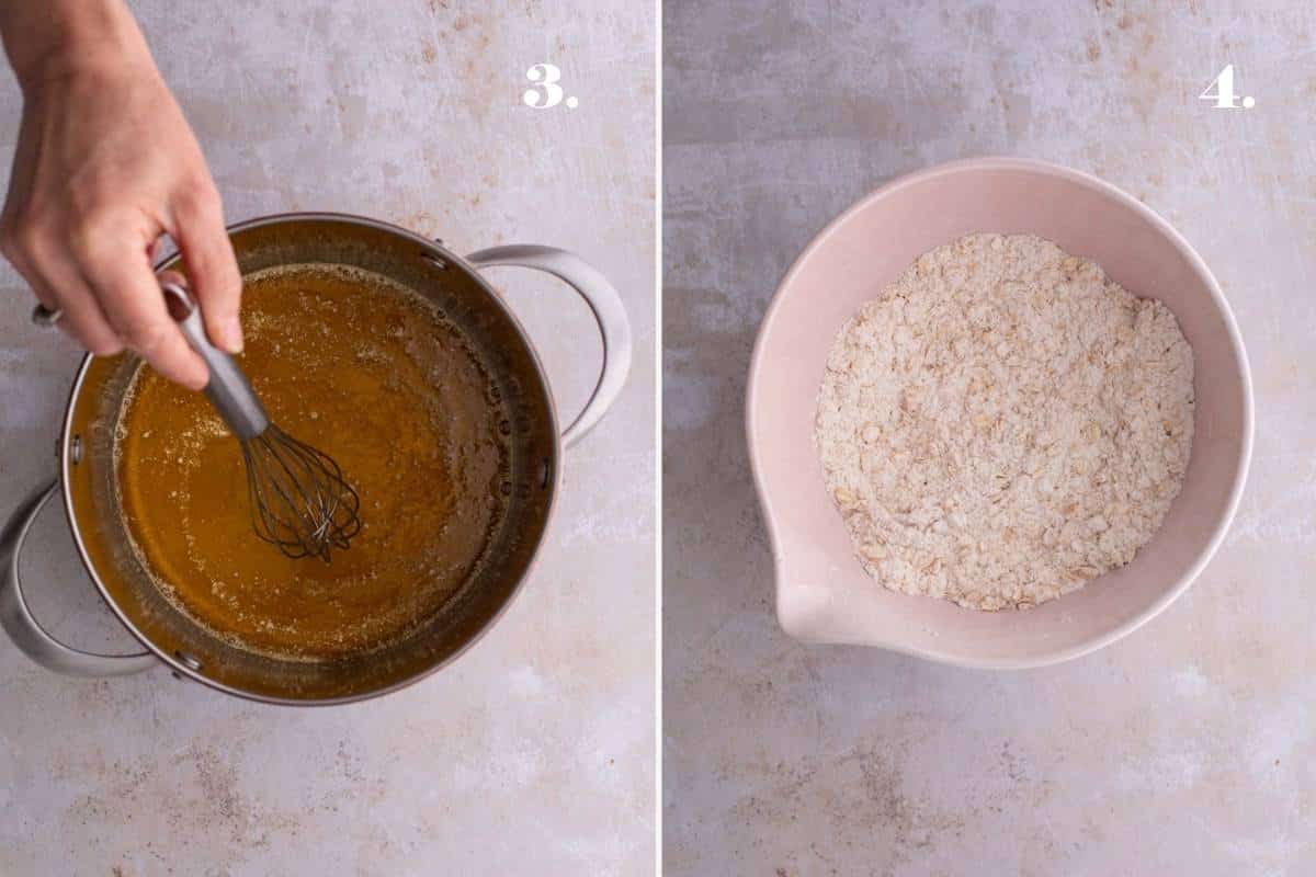 Side-by-side images of melted butter and a bowl of oats.