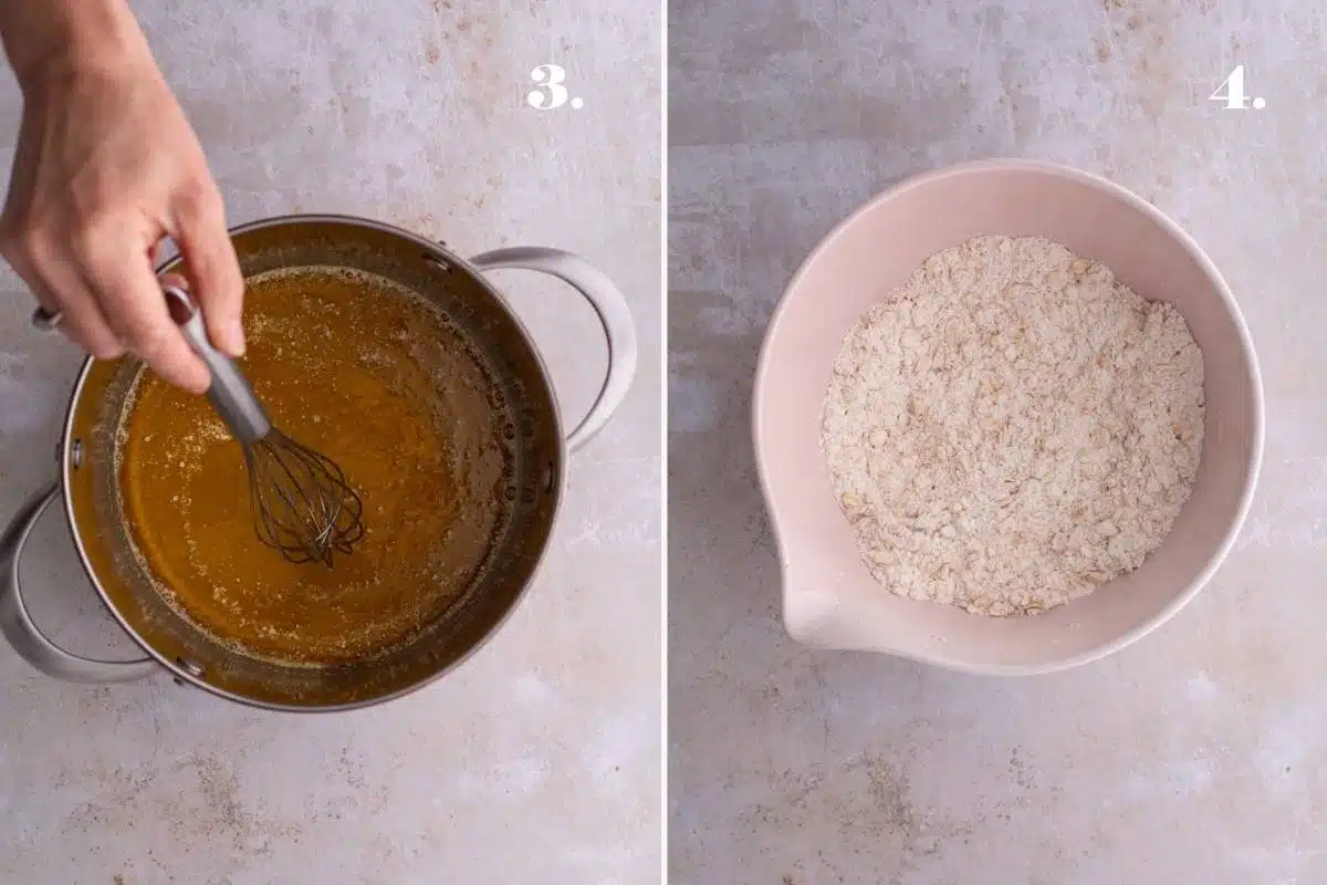 Side-by-side images of melted butter and a bowl of oats.