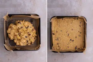 Side-by-side images of dough in a baking pan.