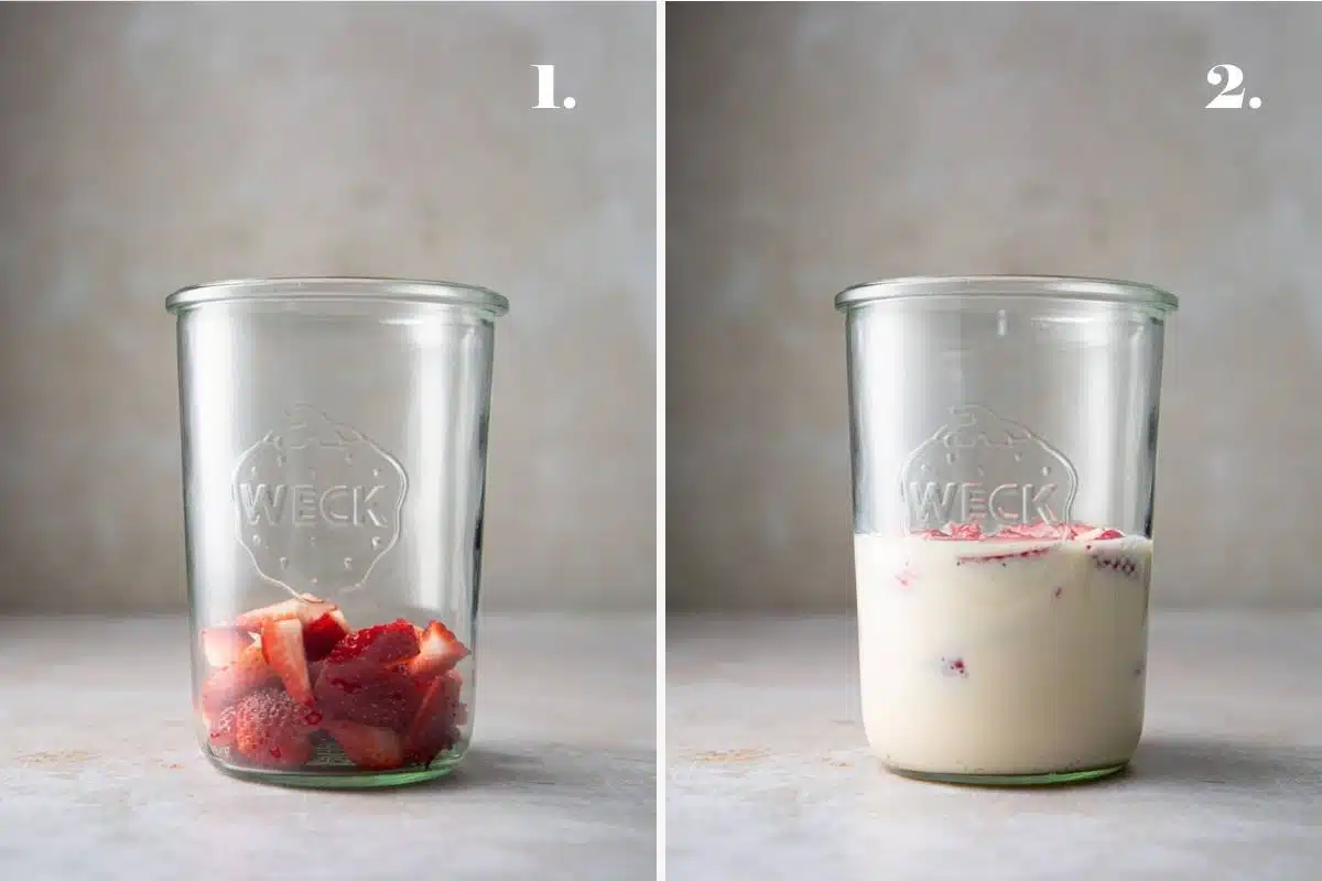 Side by side images of strawberries and milk.