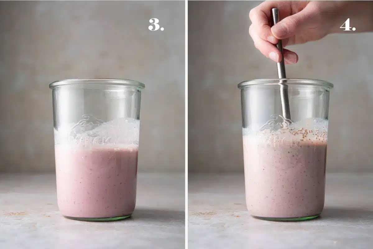 Side by side images of strawberry chia pudding.