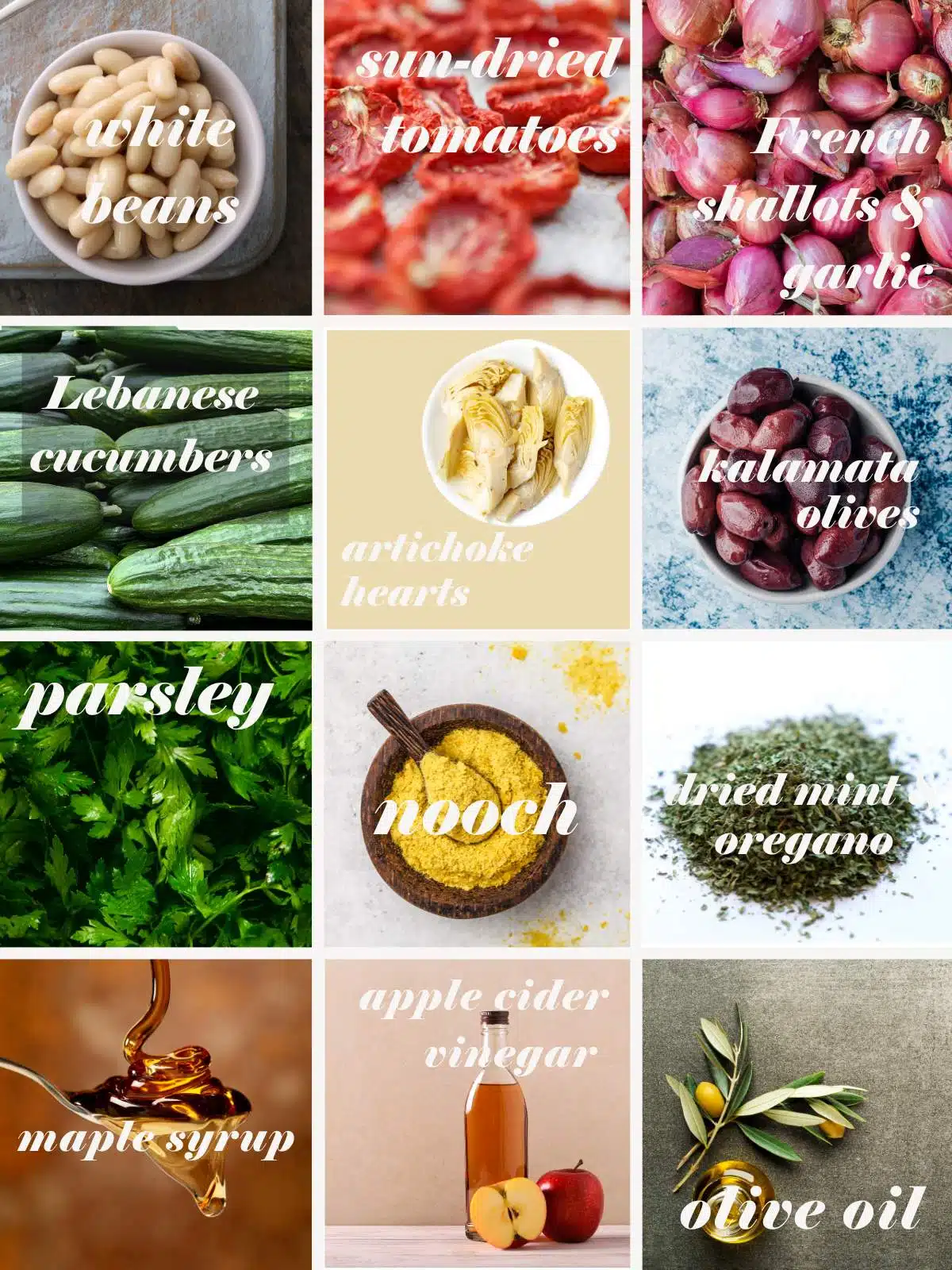 White bean salad ingredients in a grid with labels.