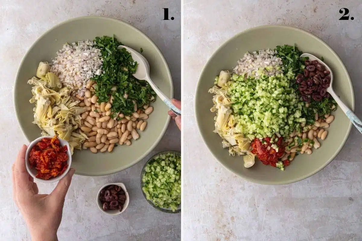 Side by side image of salad ingredients in a bowl.