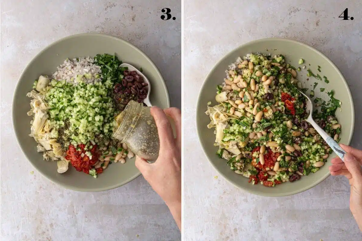 Side by side image of salad ingredients in a bowl with dressing.