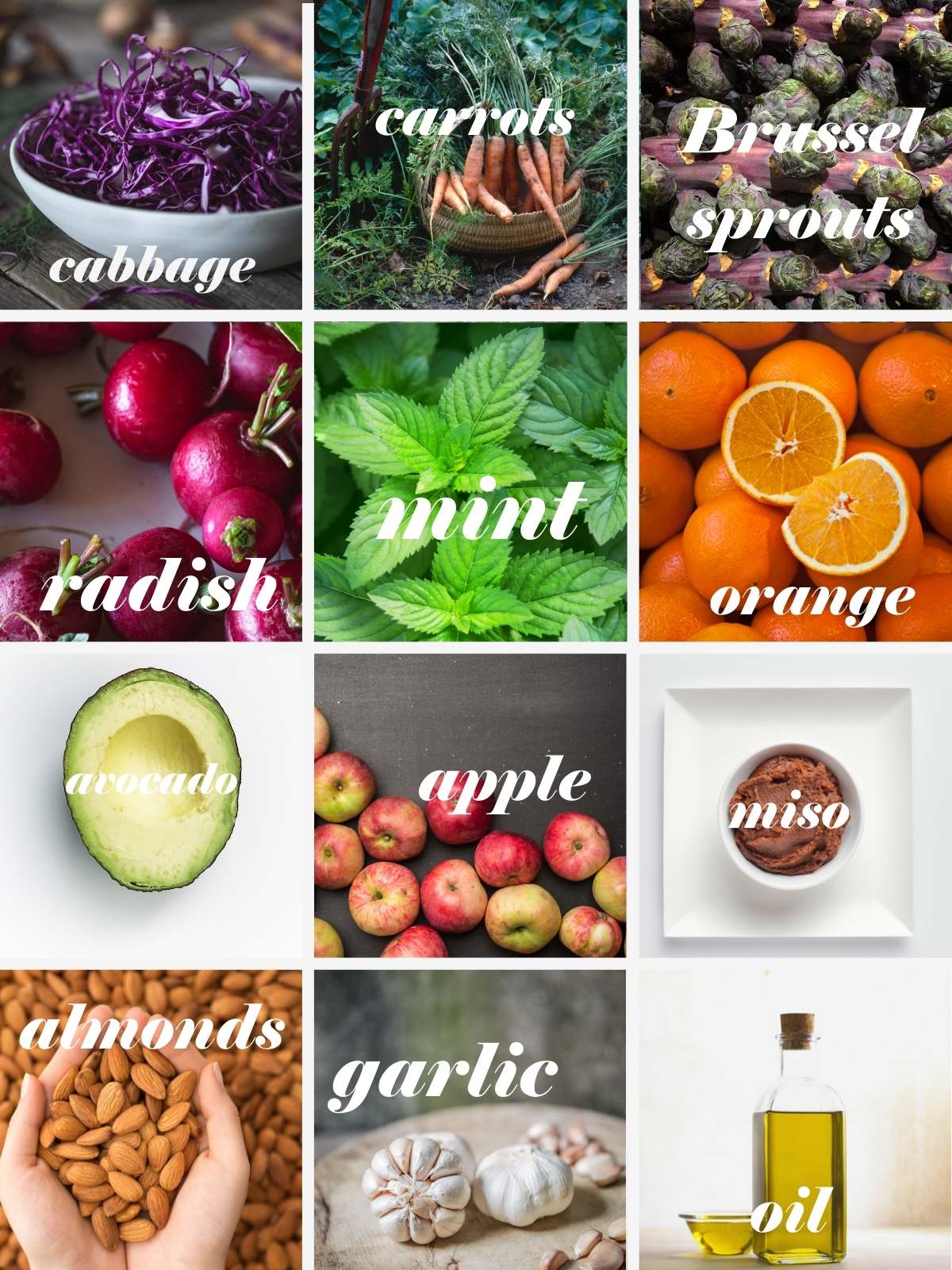 Rainbow salad ingredients in a grid with labels.