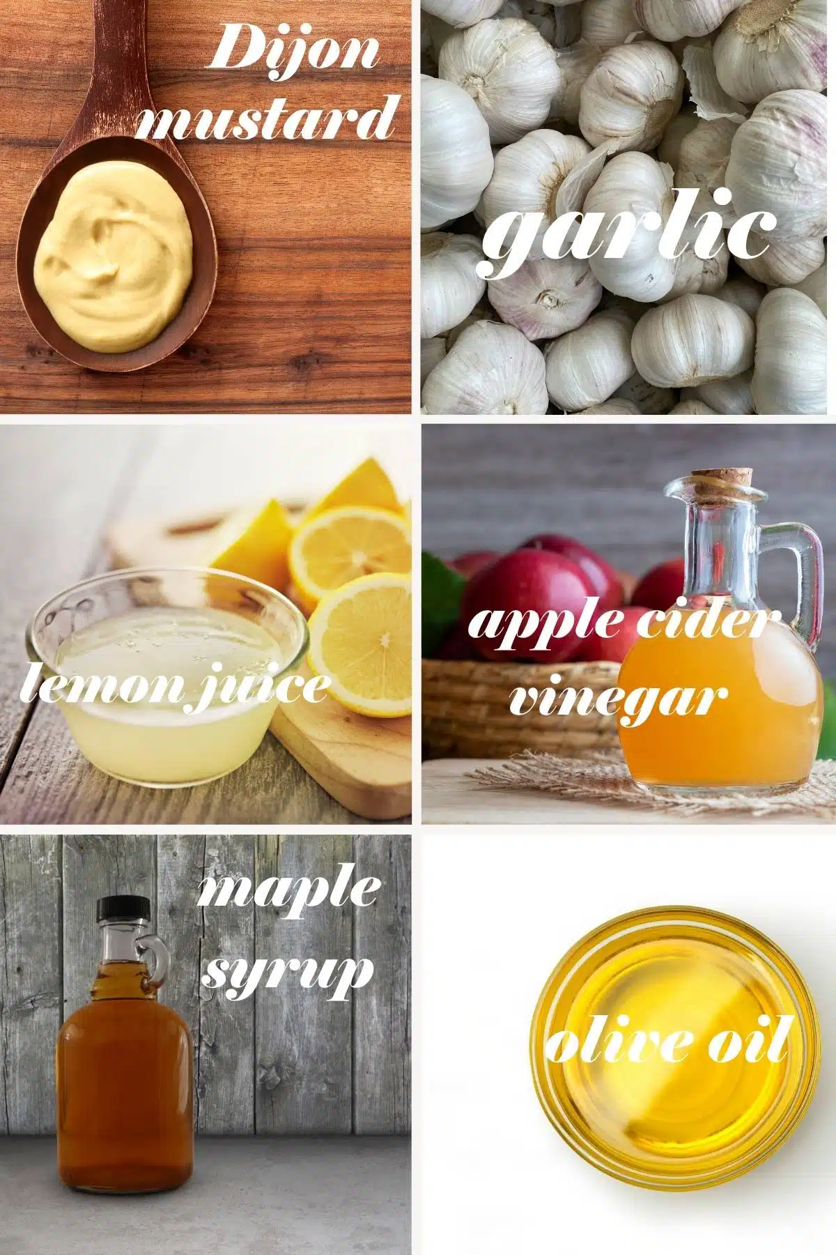 Maple Dijon dressing ingredients in a grid with labels.