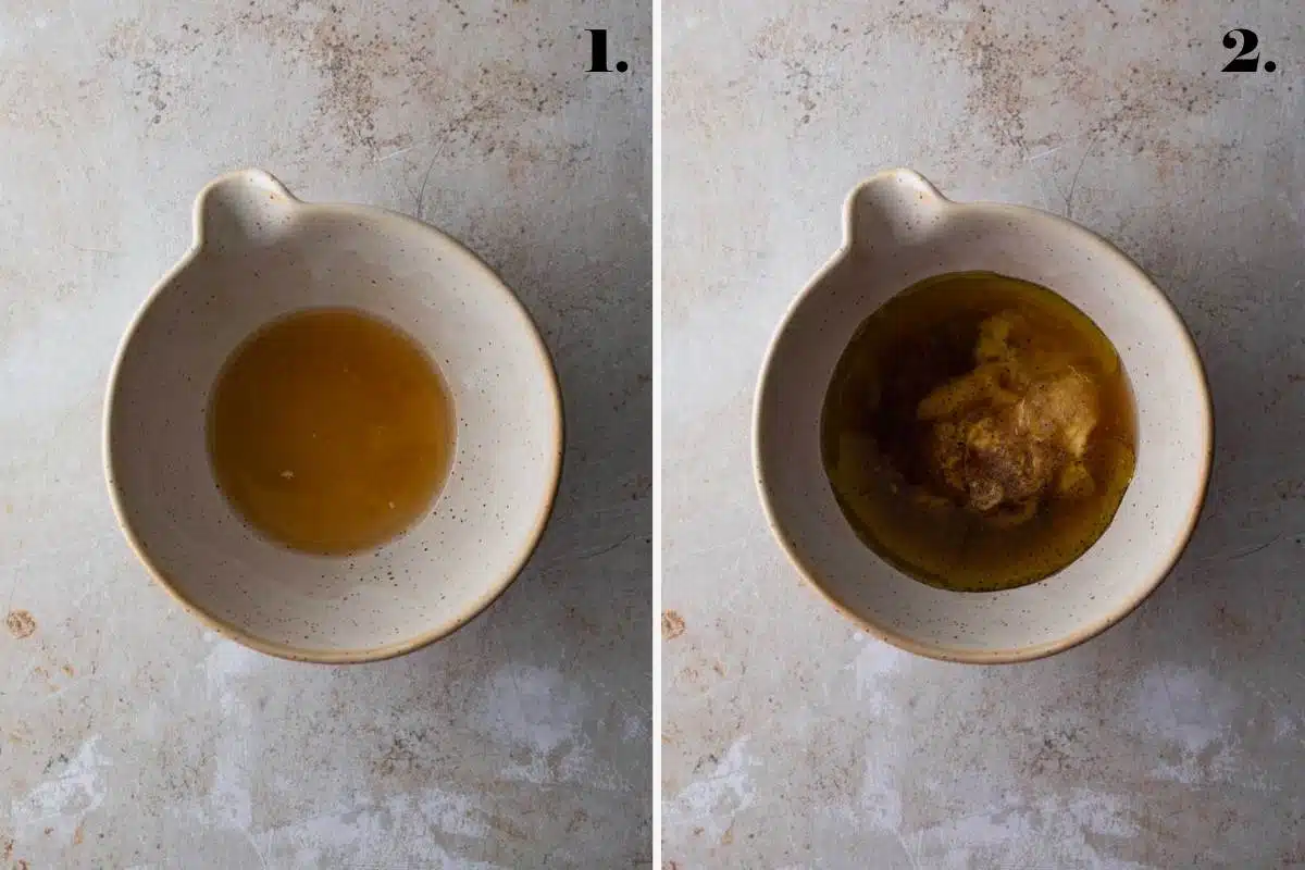 An image of a bowl of vinegar and another bowl with maple dijon dressing ingredients.